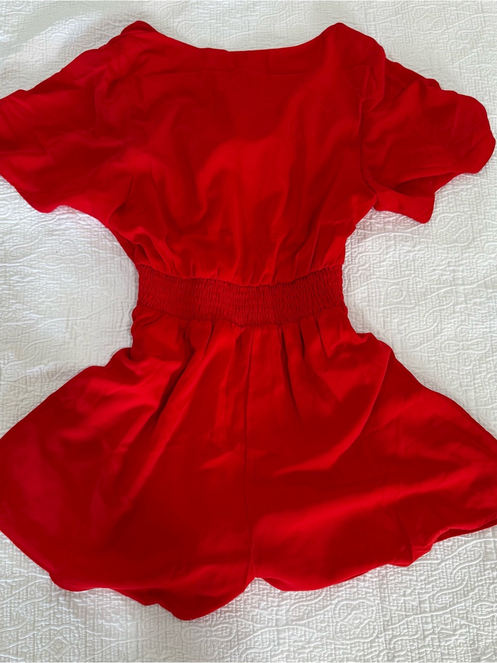 Red Short-Sleeve Romper with Smocked Waist